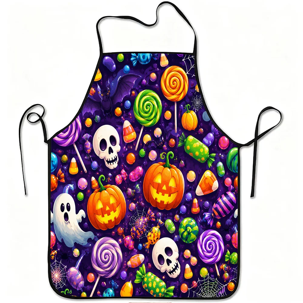 1pc Spooky Halloween Candy Skull & Pumpkin Print Apron with Adjustable Waistband - Durable Easy-Clean Polyester