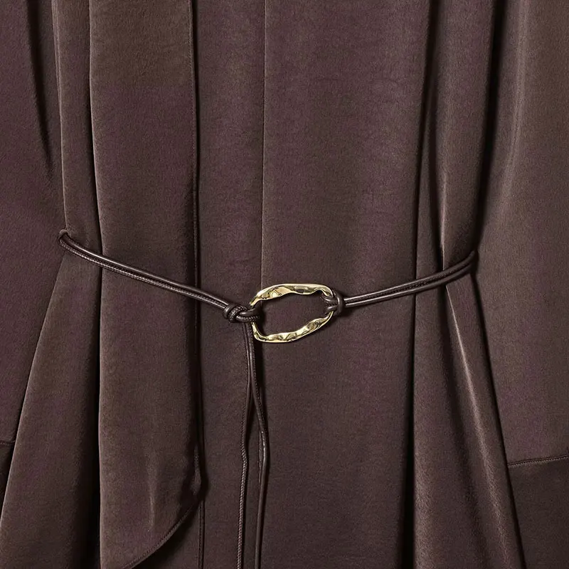 NLZGMSJ 2026 봄 파티 드레스 여성 긴 소매 스카프 칼라 미니 드레스 패션 섹시 새틴 브라운 벨트 드레스