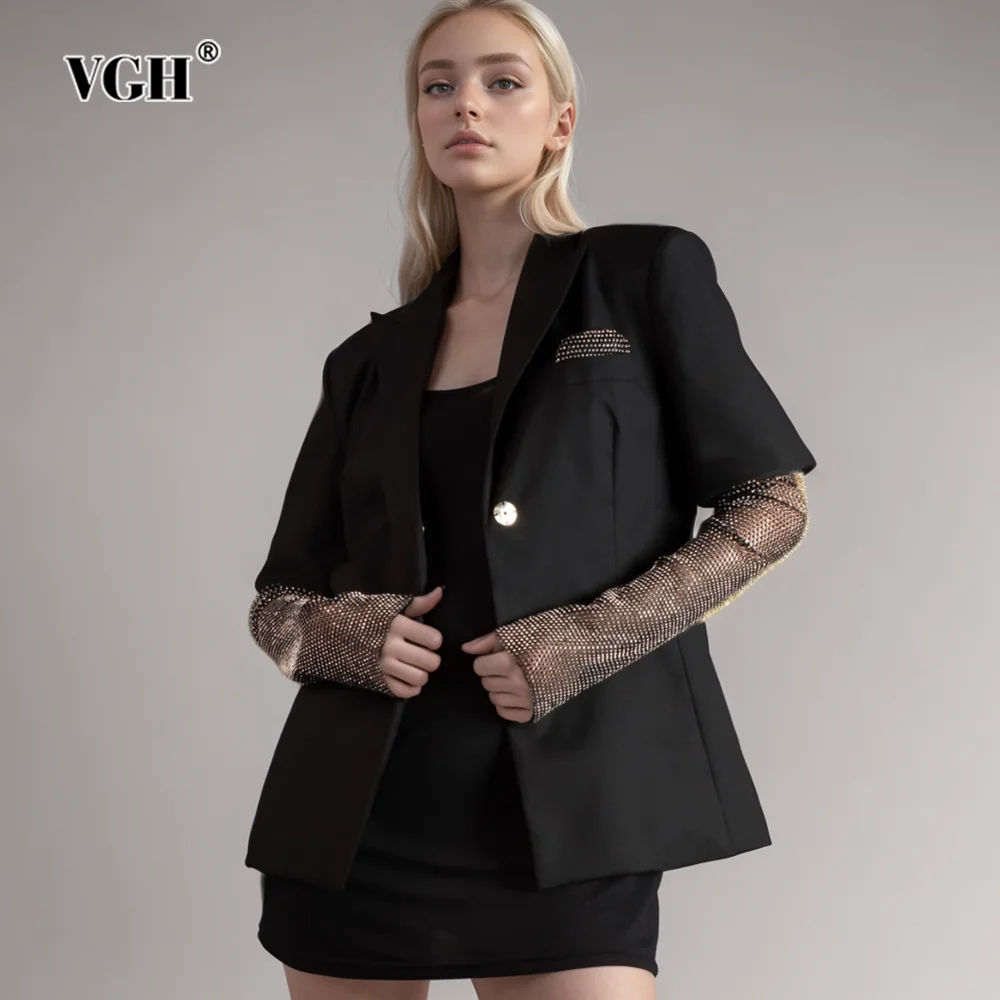 

VGH Solid Spliced Diamonds Blazers For Women Notched Collar Long Sleeve Patchwork Pockets Temperament Blazer Female Fashion New