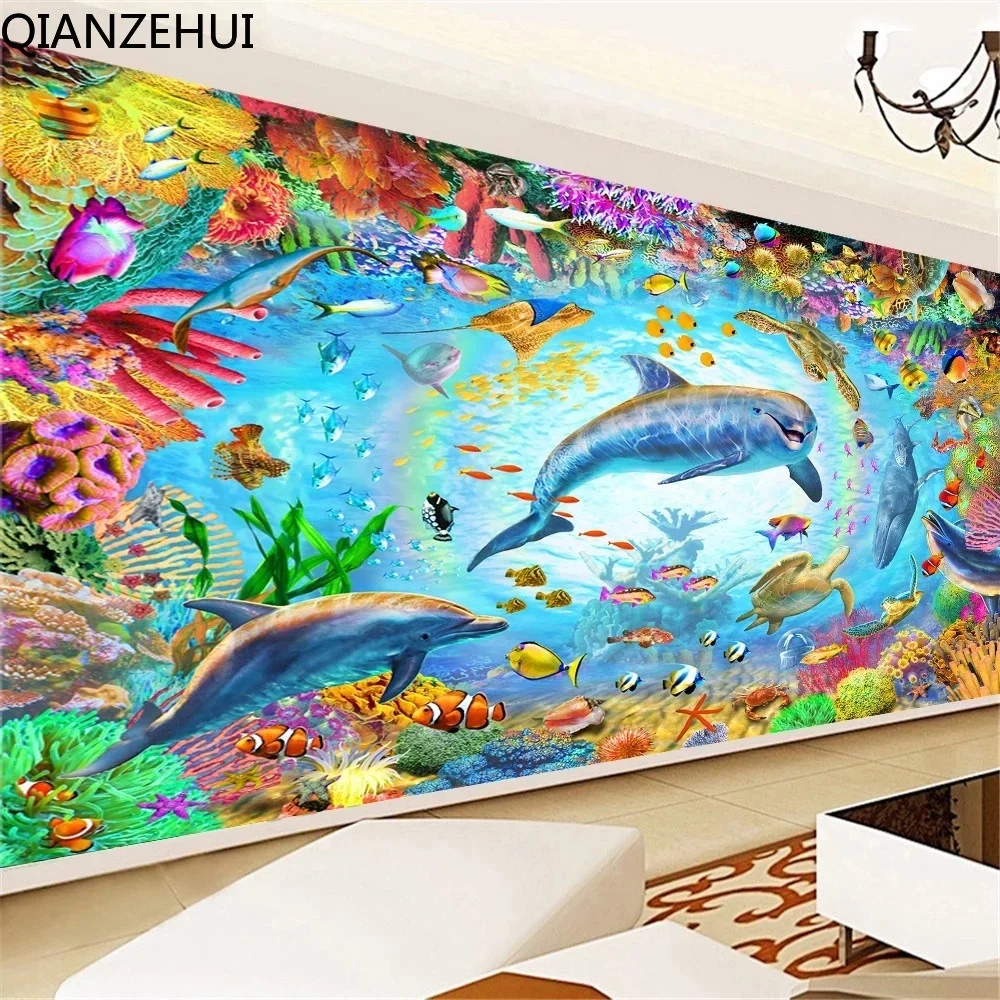 DIY full Diamond Embroidery,Round Diamond Underwater World Dolphin Living room decoration rhinestone beads Diamond painting