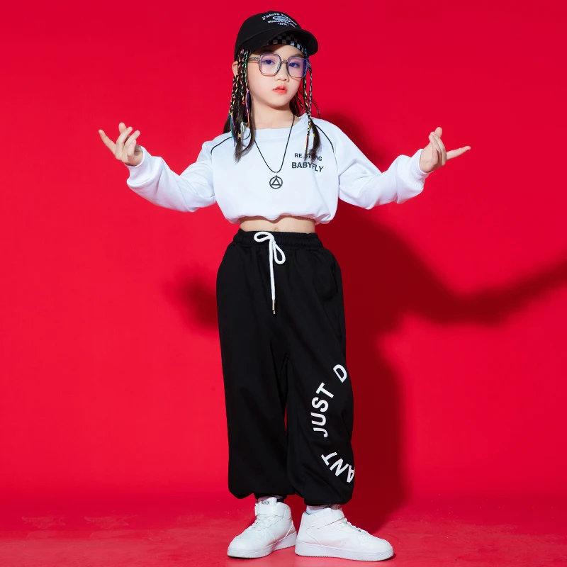 Teen Girls Modern Dance Clothes Long Sleeves Tops Loose Hip Hop Dance Pants Jazz Practice Wear Street Dance Casual Outfit BL9278