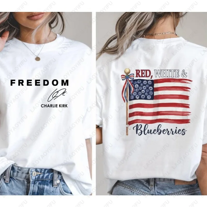 Red White and Blueberries Freedom USA Flag Tees CHARLIE KIRK RIP Commemorate Tshirt Men Women Cotton Regular Short Sleeve Gift
