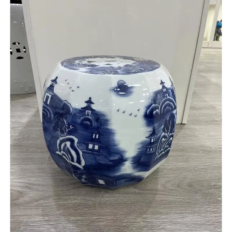 Ceramic Decorative Garden Stool Blue and White Glaze Accent Stool for Outdoor Patio Yard Lawn Furniture Home Decor