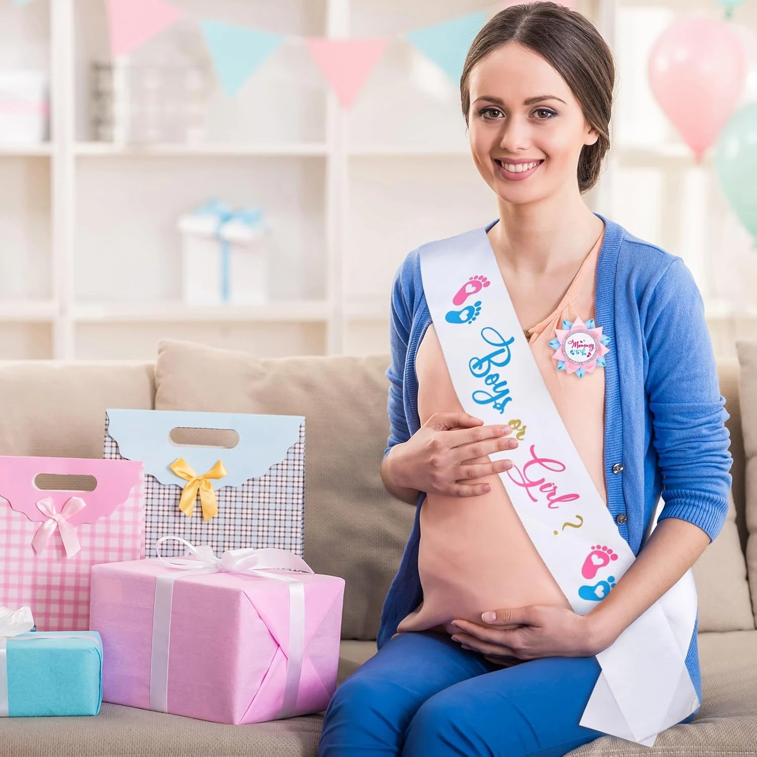 Pin für werdende Mütter, Pin für werdende Väter, Schärpe für Jungen oder Mädchen zur Geschlechtsenthüllung, Schärpe für werdende Mütter, Partyartikel für Babypartys – Detail 6