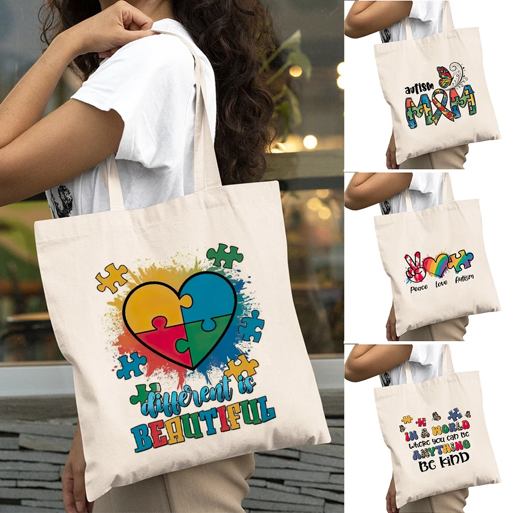 

Peace Love Rainbow Lady Shopping Bags Puzzle Women Daily use Shoulder Handbag Double Print Sweet World Girl Shopper Bag 40x45cm