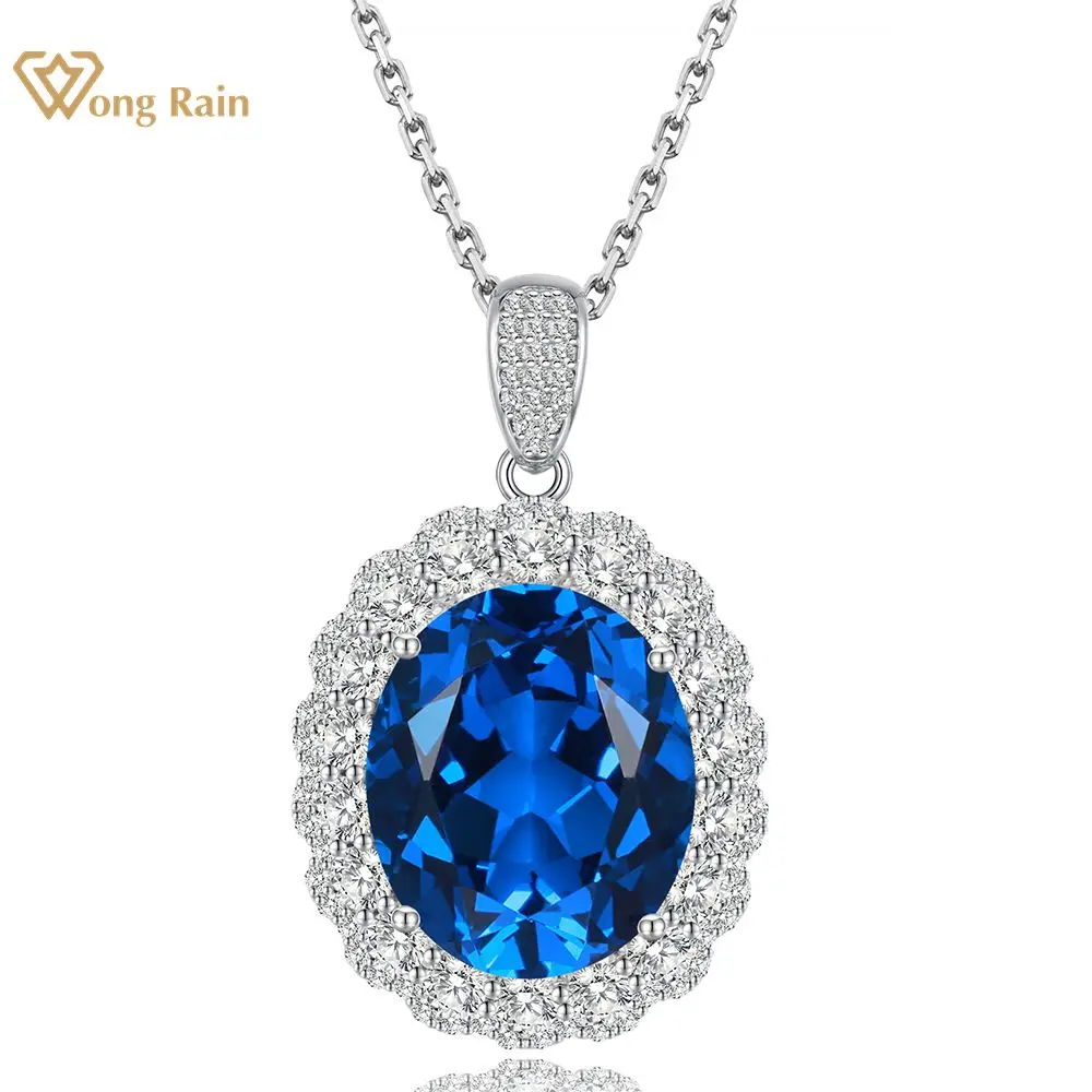 

Wong Rain 100% 925 Sterling Silver 15 CT Royal Blue Lab Sapphire Gemstone Cocktail 18K Gold Plated Necklace Pendant Fine Jewelry