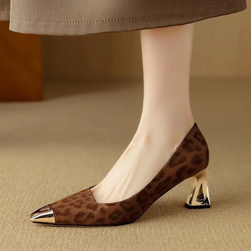 

Women Pumps Temperament Metal Pointed Shallow Mouth High-heeled Single Shoes Sexy Leopard Print Design Banquet Party Dress Pumps
