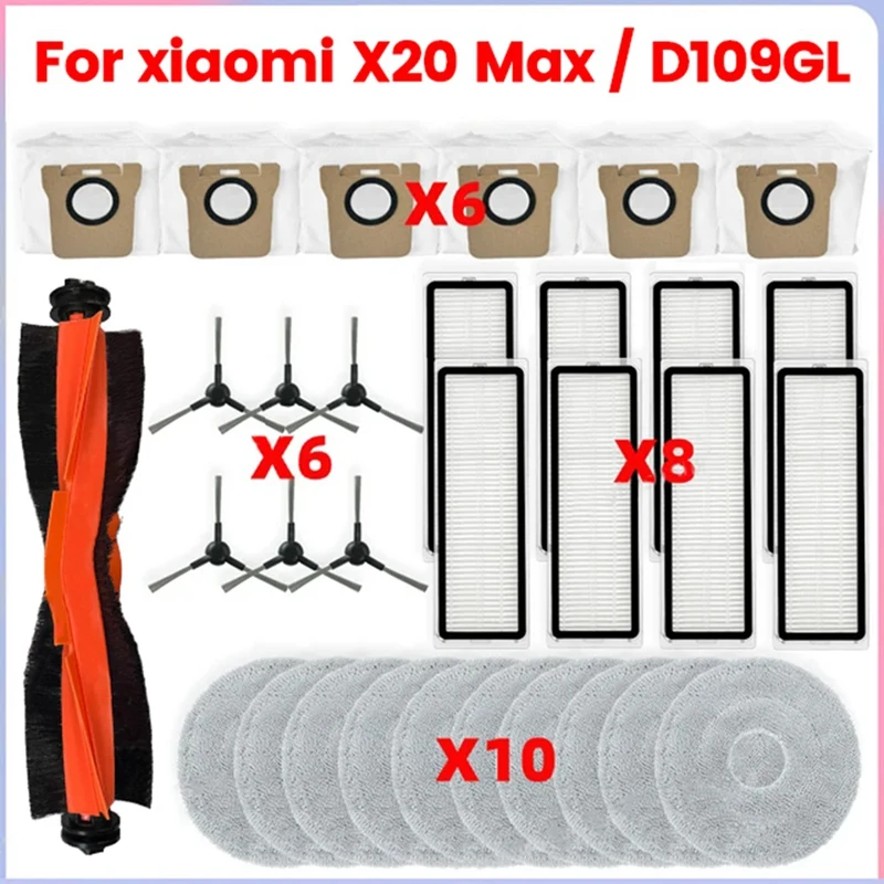 For Xiaomi Robot Vacuum X20 Max / D109GL Vacuum Parts Main Roller Side Brush Hepa Filters Mop Cloth Dust Bags