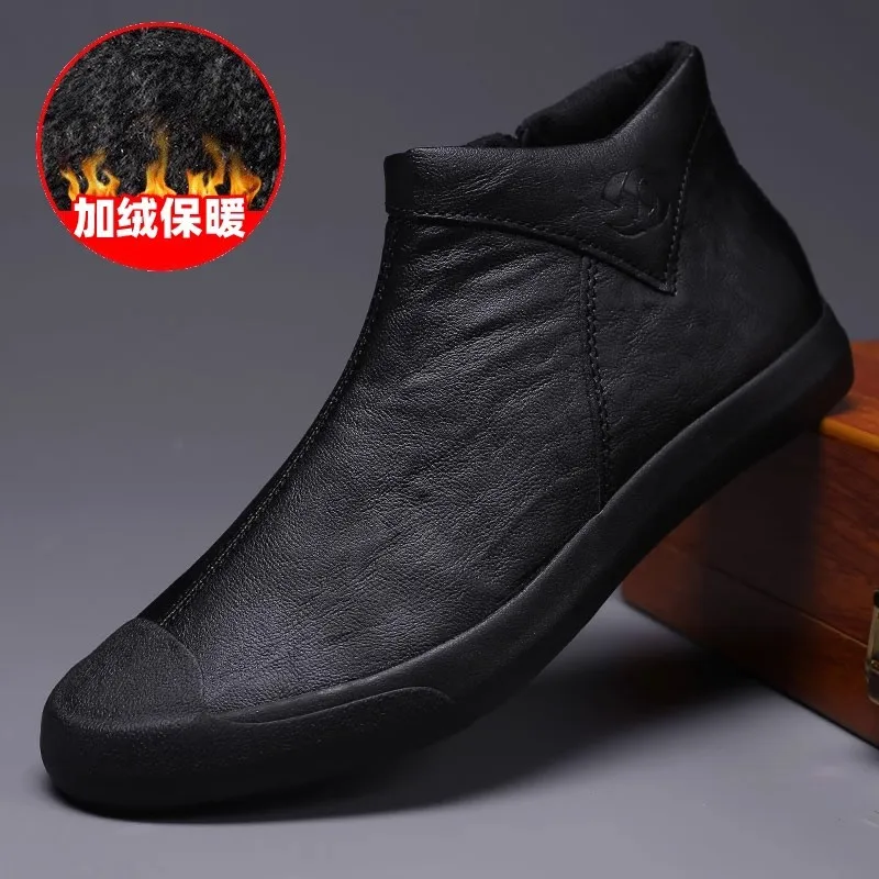 

Winter new men's shoes velvet leather casual classic versatile warm fashion high top comfortable trend zipper board