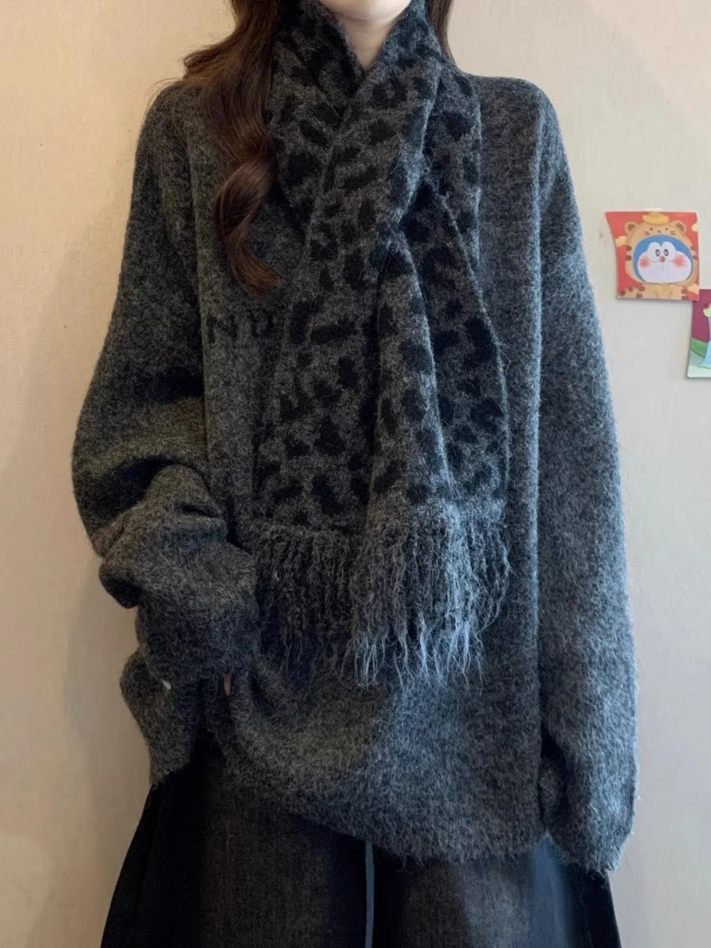 

Ladies Leopard Print Scarf Knitted Sweater Soft Cozy Mid-Length Autumn Winter plus Size Faion Commute Sle Long Sve rou...