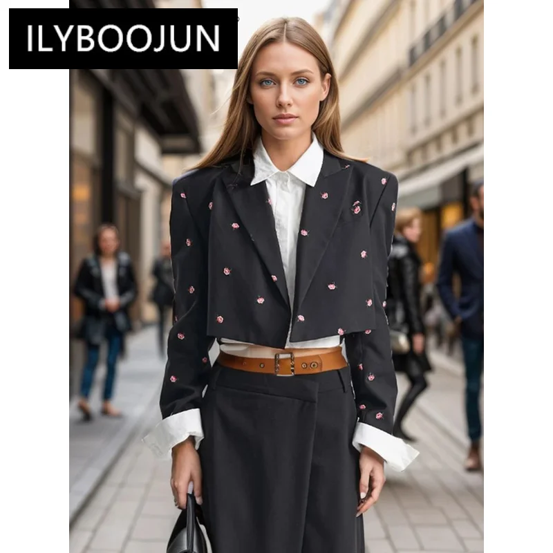 ILYBOOJUN Hit Color Embroidery Temperament Blazer For Women Notched Collar Long Sleeve Spliced Botton Short Coat Female New