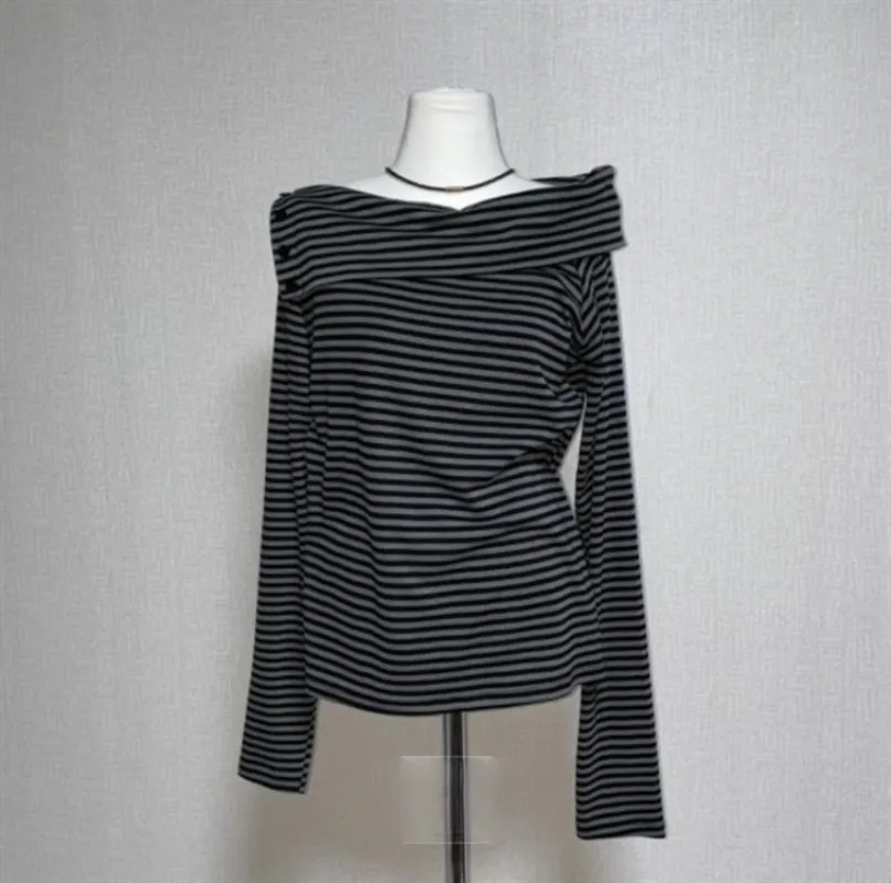 Spring Autumn New Black Gray Striped T-shirts Sexy Off Shoulder Knitted Tops Women Y2k E-Girl Long Sleeve Blusas Mujer