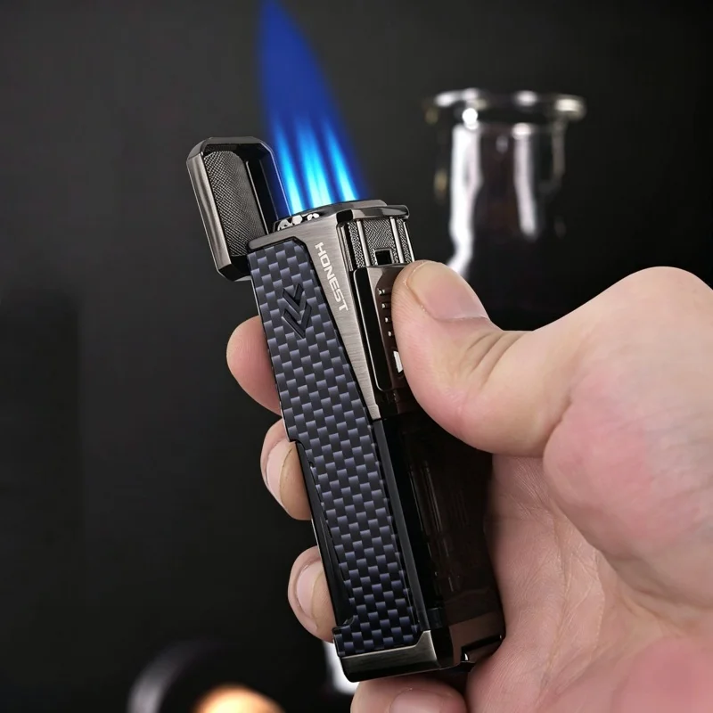 HONEST New Metal Butane Gas Lighters Advanced Windproof Gas Jet Torch Lighter Cigar Lighter Premium Men Starter Visible Gas Tank