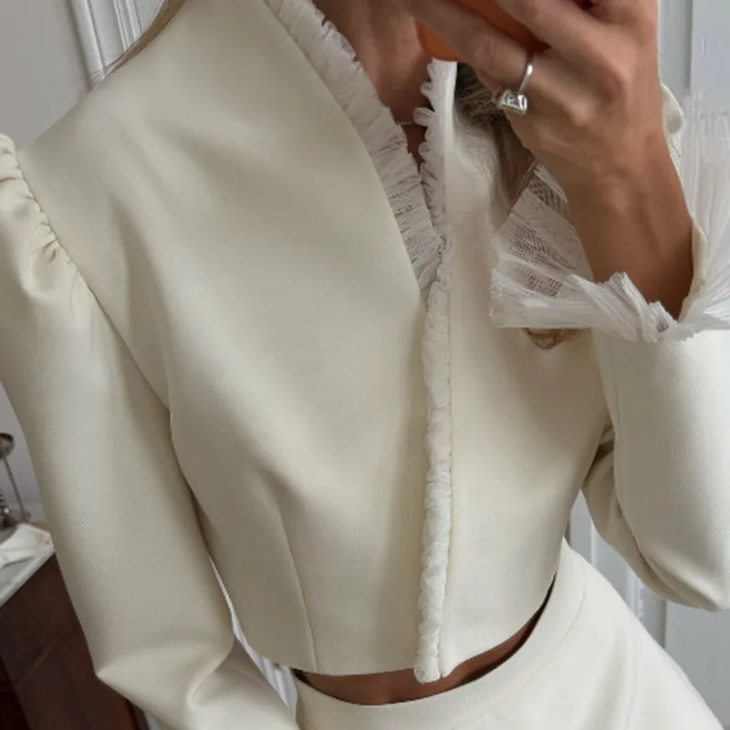 Mesh-Patchwork V-Ausschnitt Crop-Mantel-Rock-Sets Damen Sexy Puffärmel Seitliche Knopfleiste Blazer A-Linien-Röcke Schicke Damen-Outfits – Detail 3
