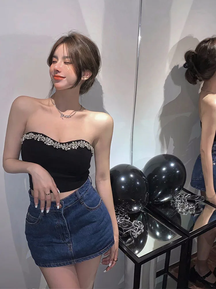 Sexy Skinny Tank for Woman 2023 primavera ed estate New strass Edge Knit Tube Top bianco nero Slim Fit