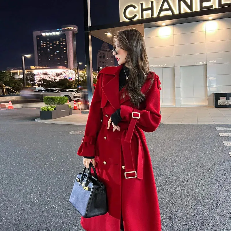 

Long Woolen Jacket Women's Overcoat Autumn Winter New High-End Korean Loose Belt Double-Breasted Woolen Windbreaker Coat ZT41