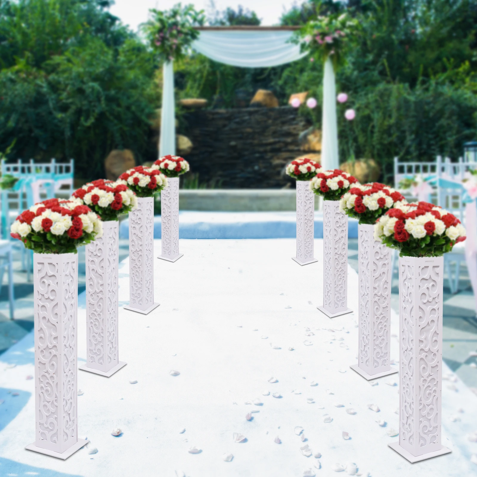8 Pcs Flower Stand with LED Lights Flower Girl Basket Set Wedding Column Carved Pillar Decoration Flower Stands