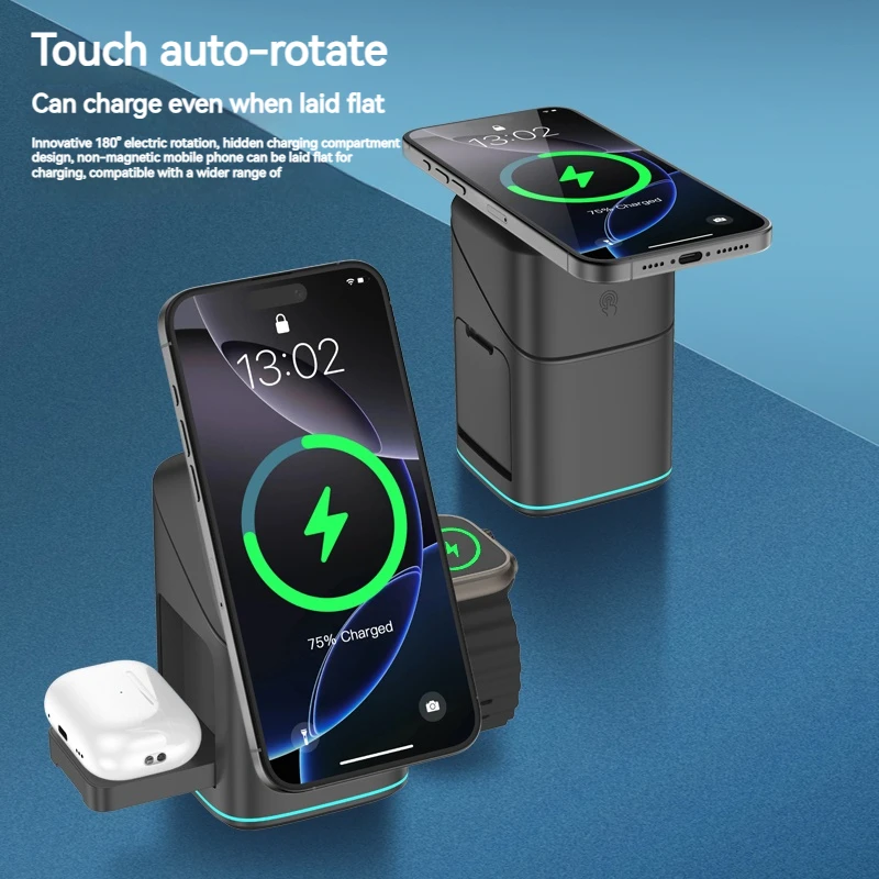 3 in 1 Wireless Charger - Electric Rotating Magnetic Charging Station for iPhone 16/15/14 Pro Max/Samsung, Phone Watch Earbuds - náhled 2