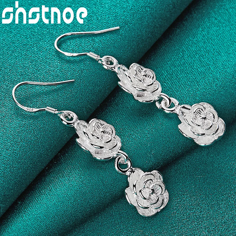 SHSTONE 925 Sterling Silver Two Rose Flower Drop Earrings For Women Party Engagement Wedding Valentines Gift Fashion Jewelry