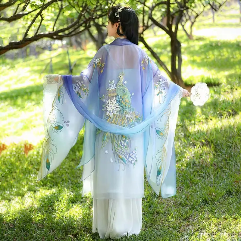 Vestido Hanfu de talla grande 6XL para mujer, trajes Hanfu Tang bordados chinos morados y azules, disfraz de Cosplay de Carnaval de Halloween para mujer 5X