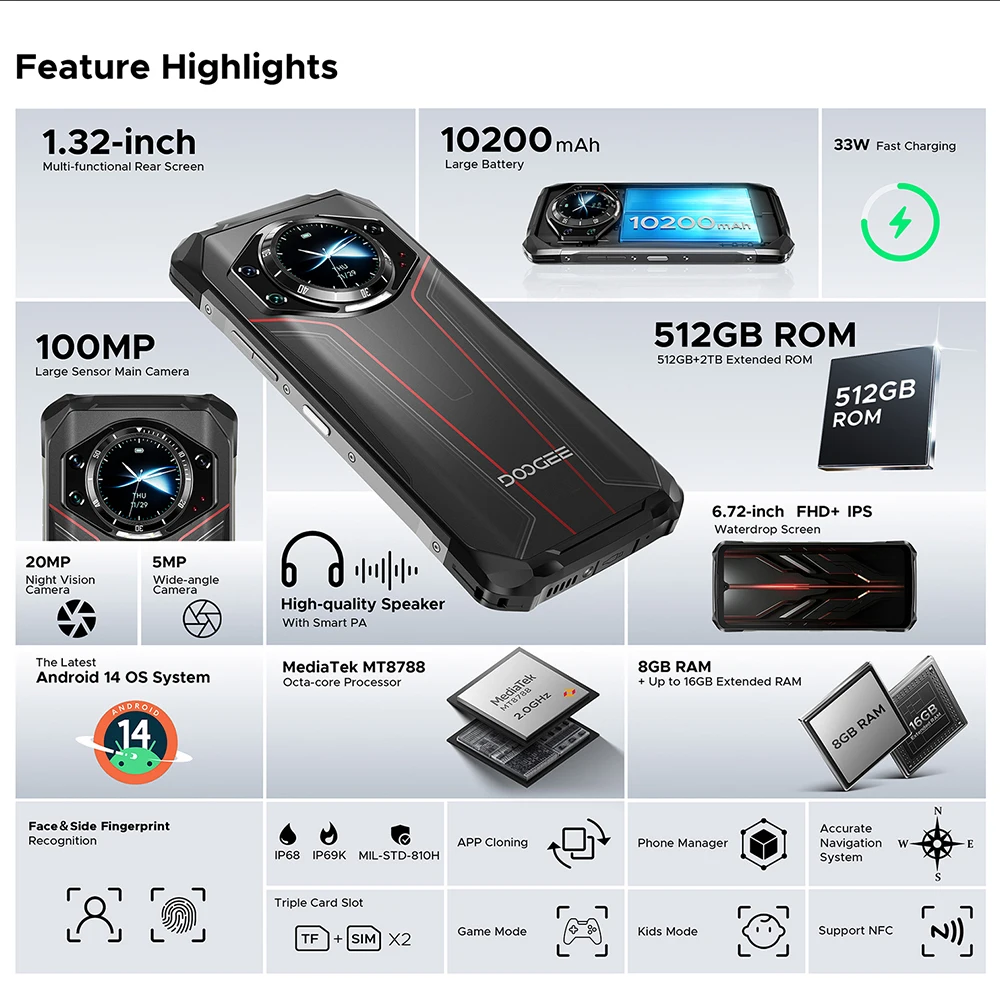 Global Version DOOGEE S119 Rugged Phone 6.72" FHD+ IPS Screen 8GB+512GB 100MP AI Main Camera 10200mAh Battery 33W Android 14 NFC