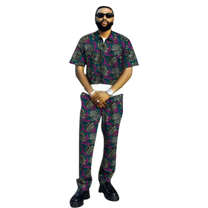 T-shirt corta da uomo Set con cerniera abbottonatura top pantaloni Patch stampa africana Street Style pantalone abiti su misura abbigliamento da festa