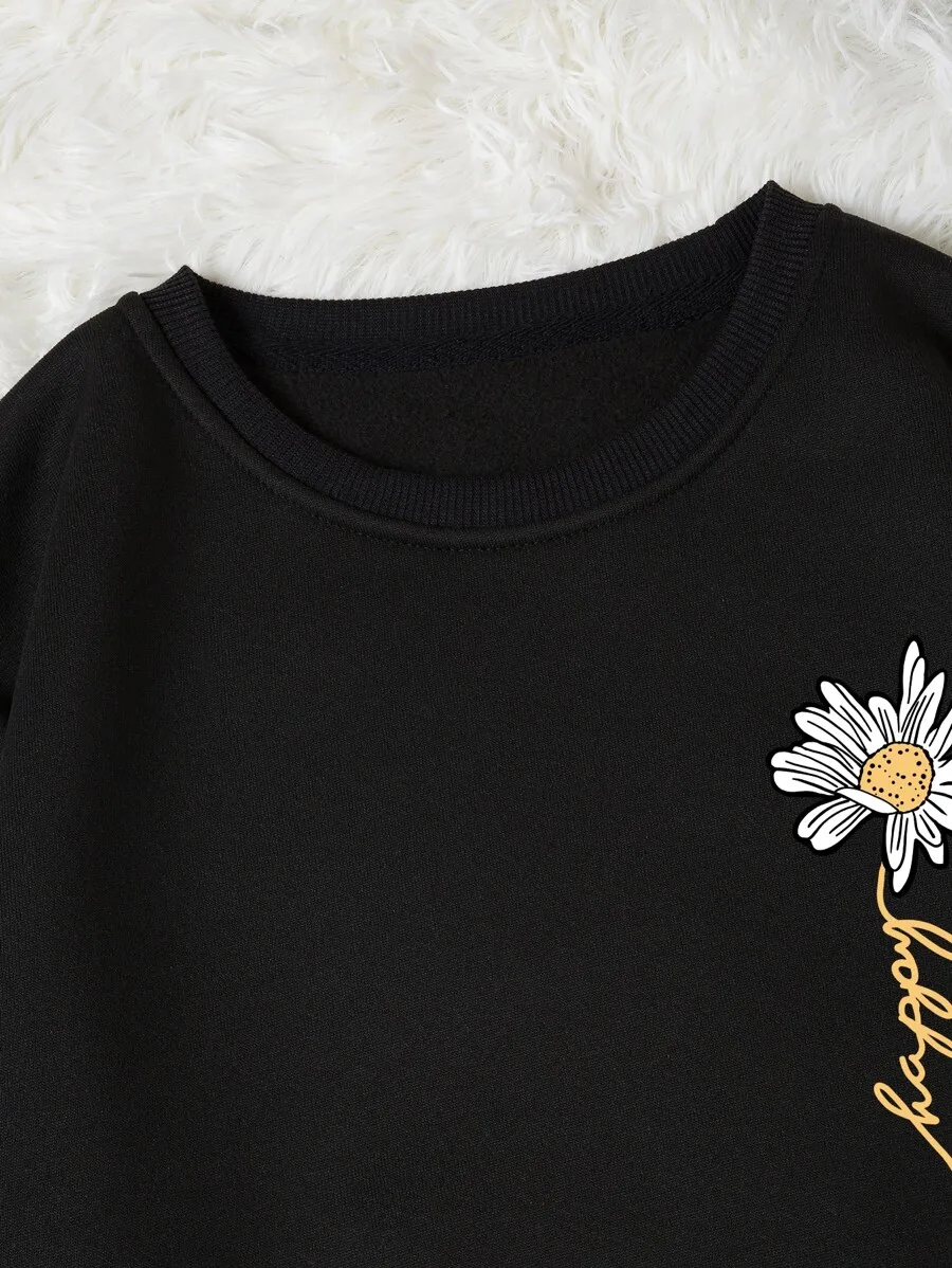 여성용 블랙 데이지 그래픽 풀오버 스웨트셔츠, 해피 레터 프린트가 있는 긴 소매 캐주얼 가을 탑