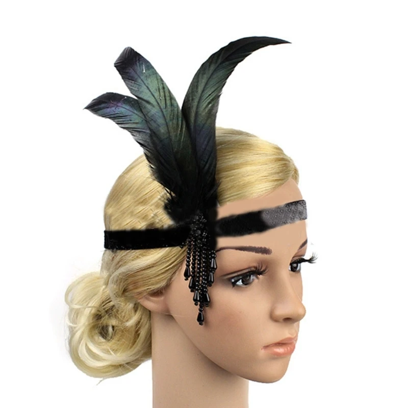 Feather Flapper Headbands Necklace Gloves Stick 1920s Prom Young and Beautiful Headpiece  Elegant Headwear