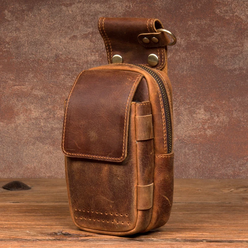 Mini mobile phone bag retro crazy horse leather bag leather men\'s Baotou layer leather small pockets leather leg bag