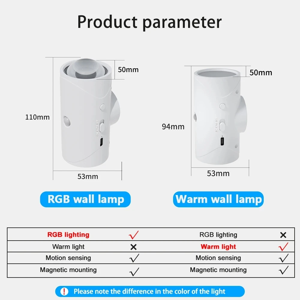 2Pcs LED Motion Sensor Night Lights Warm USB Rechargeable Magnetic Mounting Wall Lamp 15 RGB Colors Staircase Light Indoor Lamp