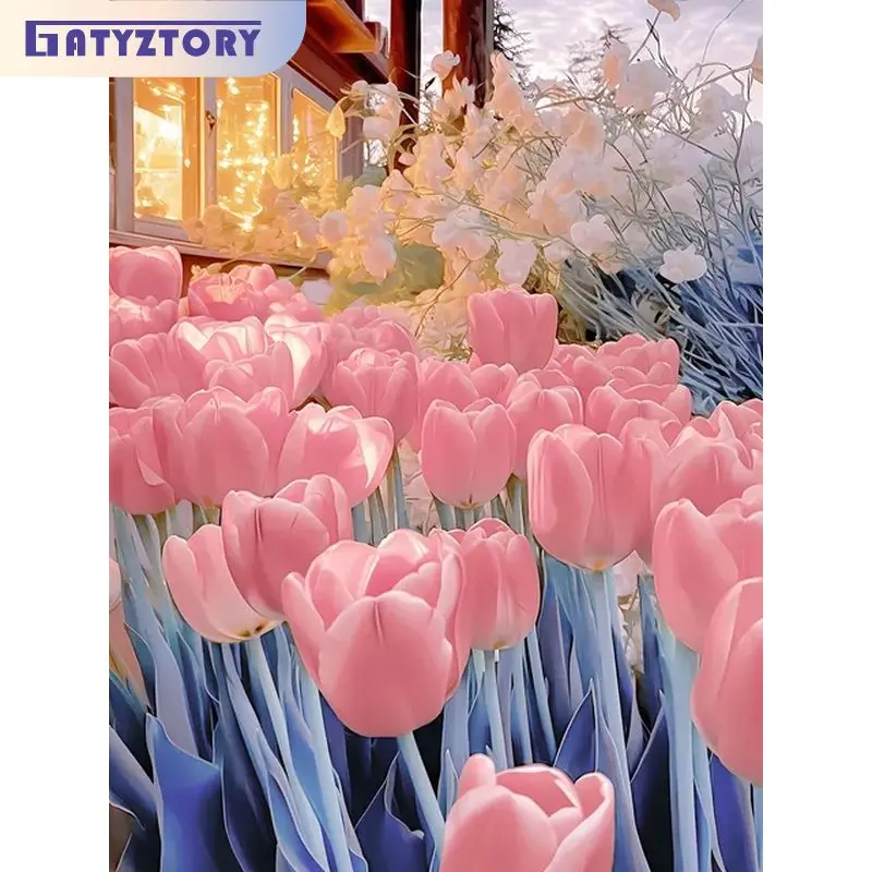 

GATYZTORY Acrylic Painting By Numbers For Handicraft Pink Tulips Coloring By Numbers Paint Kit Home Decors For Adults Gift