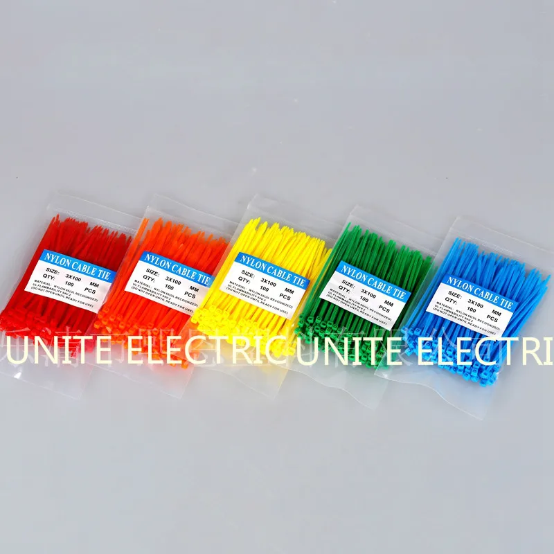 Uniteelec 100pcs/Lot 3x100mm Small Red,Yellow,Blue,Green, Pink,Orange,Fluorescent Grey,White,Black Cable Ties Tie Sales