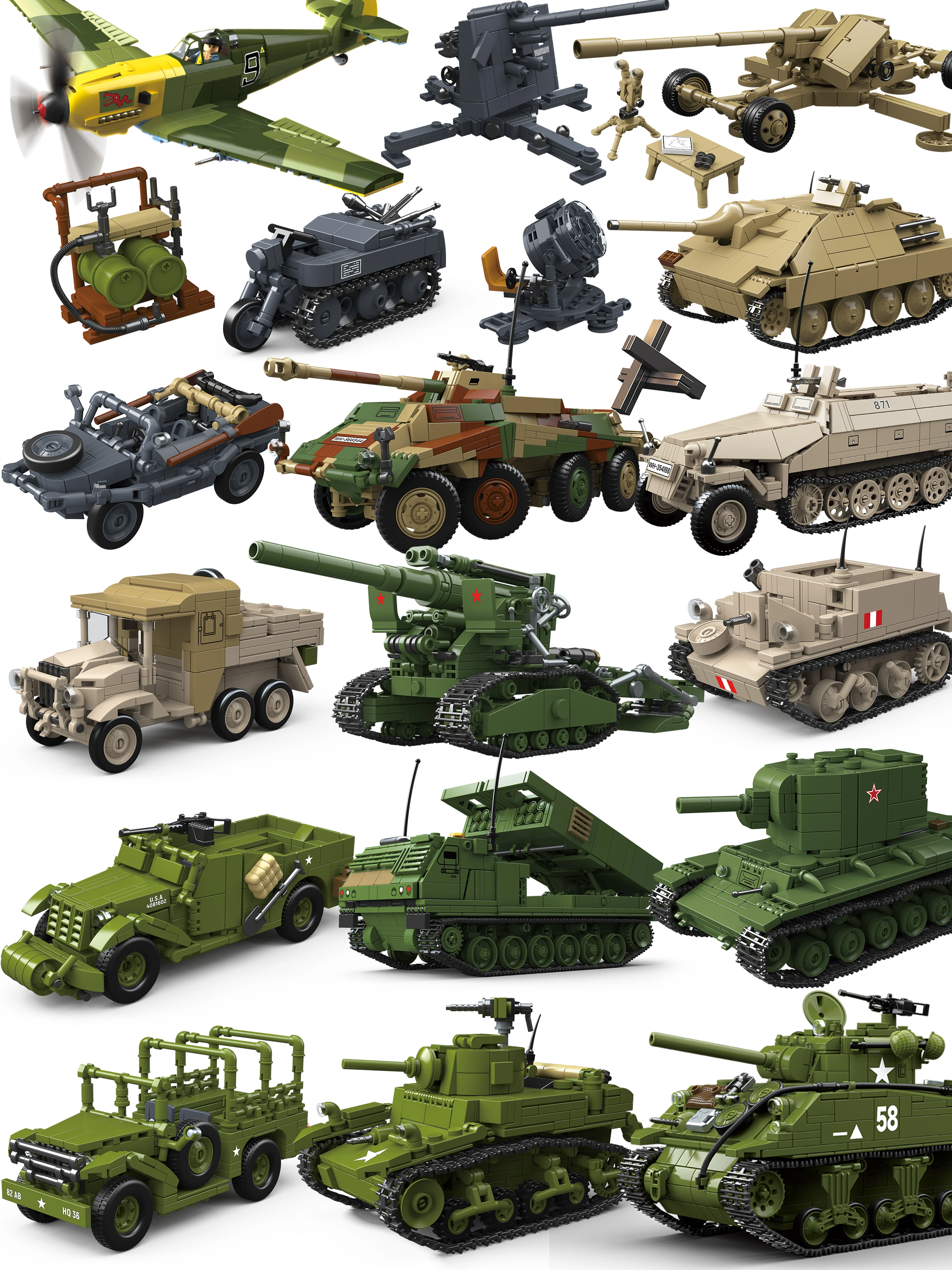 Czołgi wojskowe Stuart SdKfz251 PanzerVI Sherman Armia Amerykańska Quan Guan Figurka Żołnierza z II Wojny Światowej Model Klocki Cegły Zabawka dla Dzieci — 2