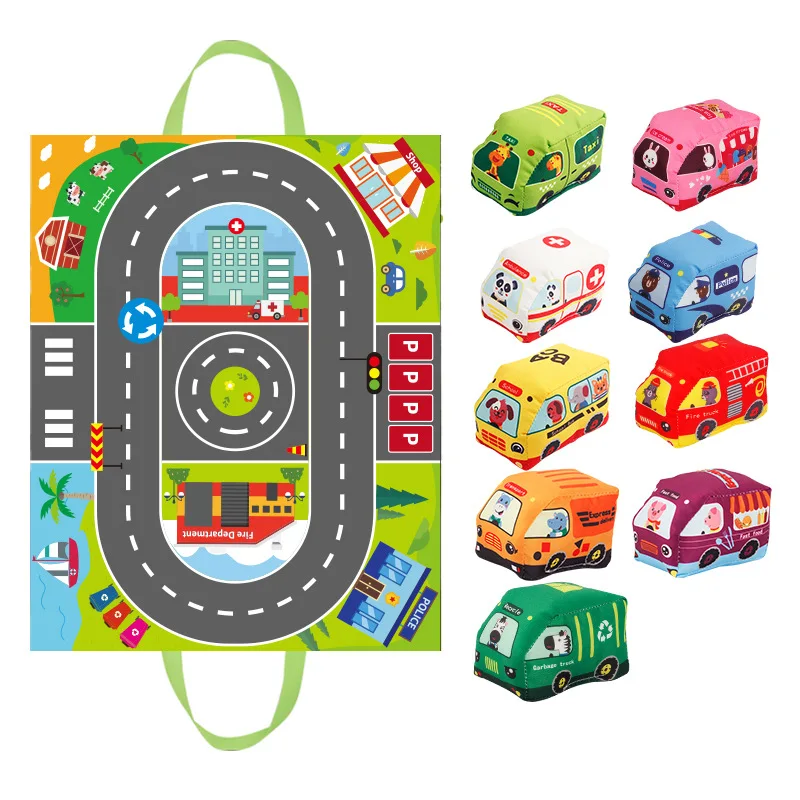 Jouet de voiture douce Montessori pour bébé, avec tapis de jeu de cartes, sac de rangement, livre en tissu pour nourrissons, jouets d'entraînement sensoriel de dessin animé mignon, cadeaux pour tout-petits