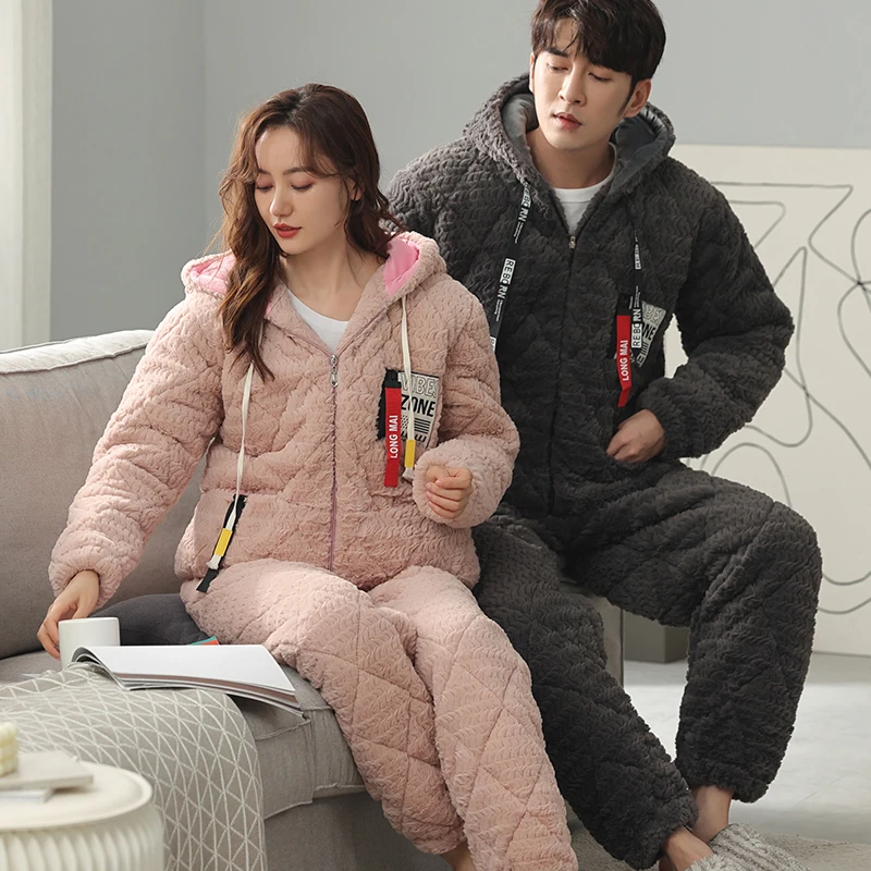 Winter Couple 3 Layer Clip Cotton Pajamas Women and Men Long-Sleeved Zipper Plush Suit Plus Size Homewear Can Be Worn outside