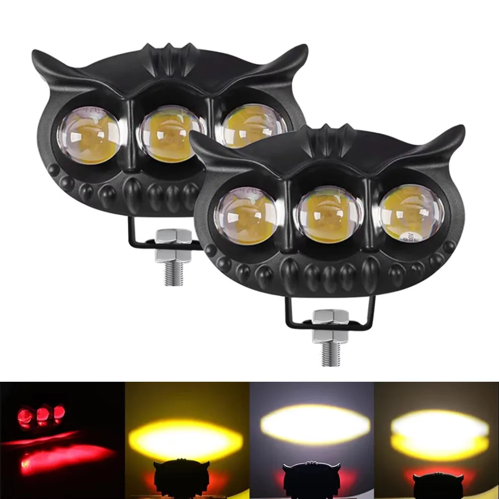 3 Lens Owl Shape Motorcycle LED Spotlight Light Dual Color White Yellow Fog Light High Low Beam Auxiliary Headlight Driving Lamp
