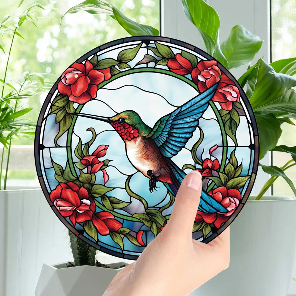 Glass Pattern Hummingbird Stained Window Hangings Colorful Flower Suncatchers Windows Birds Window Hangings Chain Decor Props