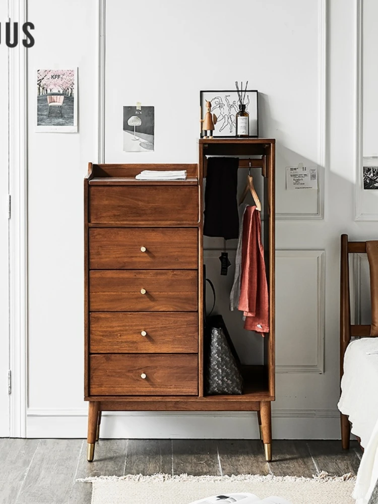 ZL Solid Wood Chest of Drawers with Clothes Rack Bedroom Multi-Functional Locker Storage Cabinet