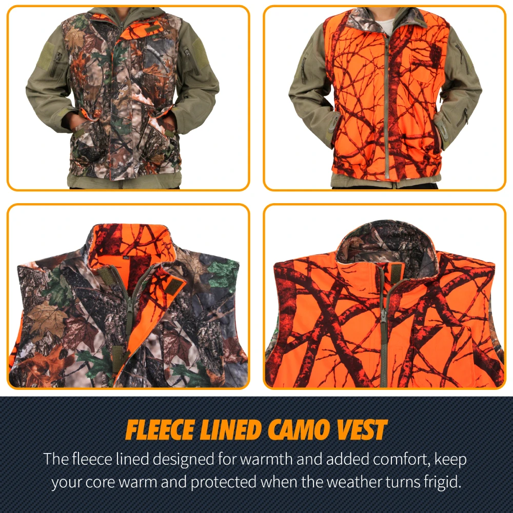 GUGULUZA M-4XL Orange Camo Hunting Vest for Men, Fleece Game Reversible Waistcoat Sleeveless Jacket Outdoor Camouflage Clothing