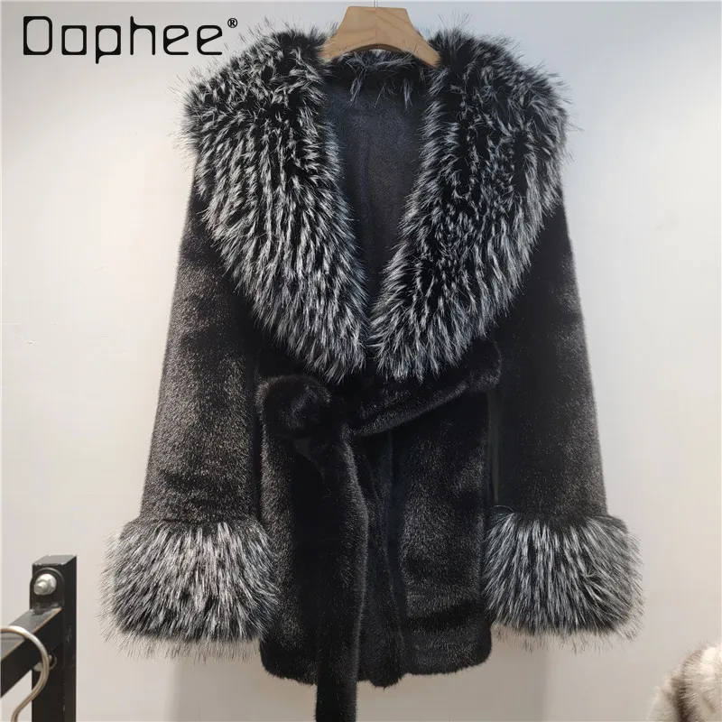 겨울 신상 우아한 사교계 친환경 모피 코트 여성용 인조 여우털 칼라 V넥 긴팔 두꺼운 따뜻한 코트