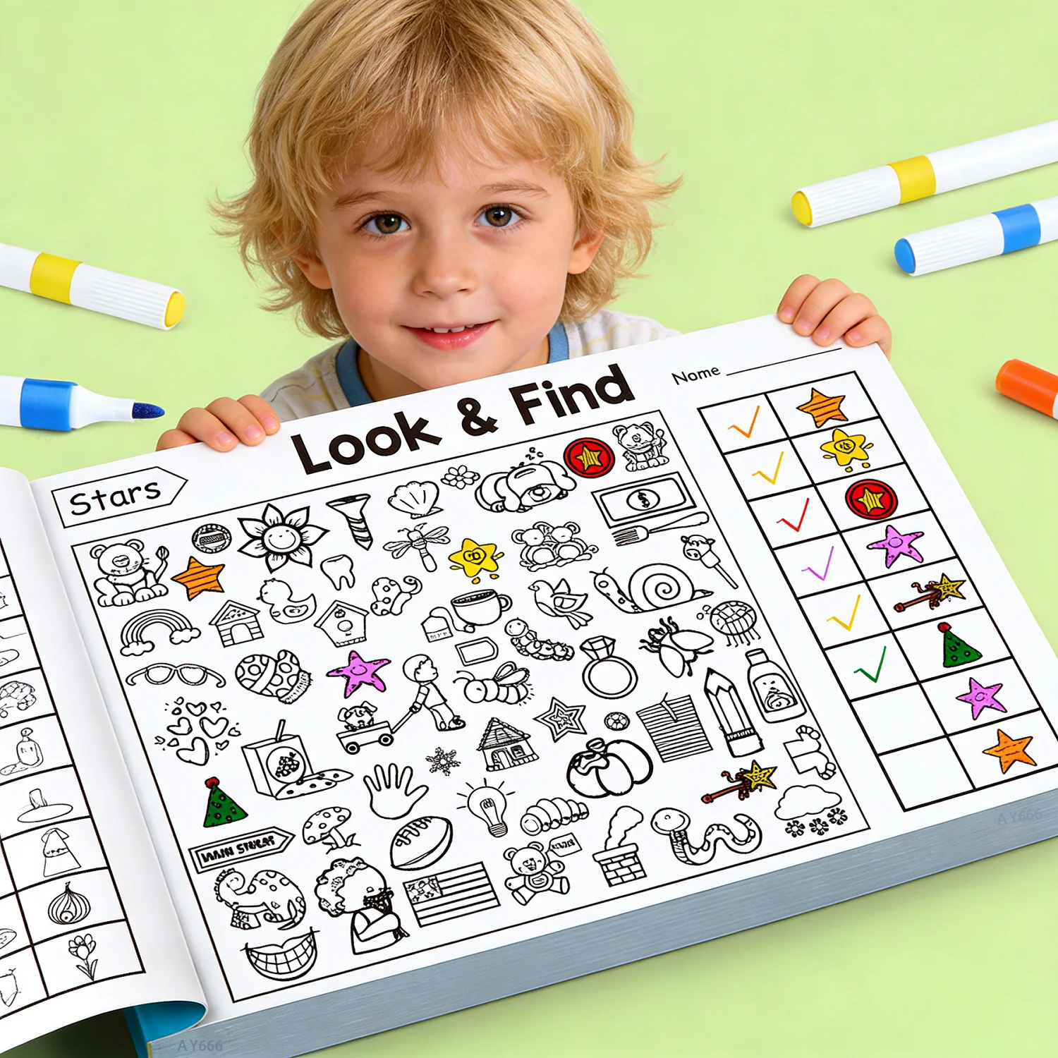 子供向け探し物塗り絵帳、形/色探しワークブック、集中力と注意力を高める、手書き練習帳