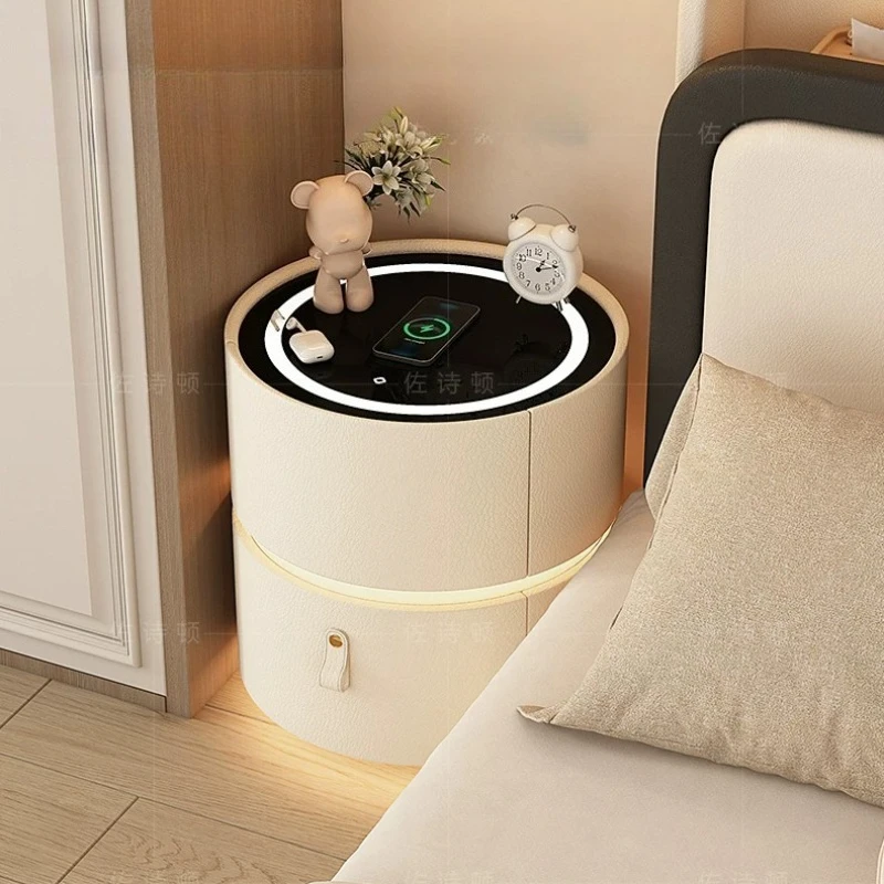 Round Smart Nightstand Home With Wireless Charging Light Modern Wooden Bedside Table With Storage Drawer For Bedroom Furniture