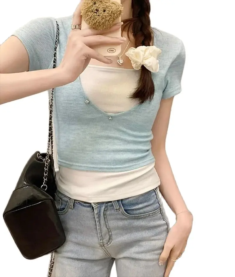 Camiseta de dos piezas falsas para mujer, Tops regulares puros y únicos, color crema sólido, azul, rosa, cuello cuadrado, tendencia de nicho de verano, dulce y lindo