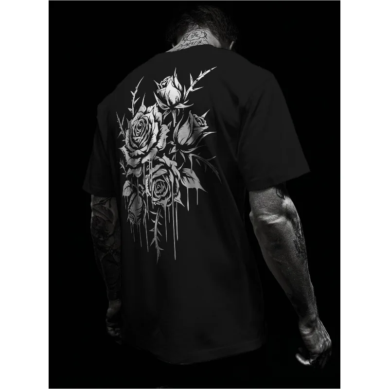 Men's Gothic Street T-shirt with Thorn Rose and Barbed Wire/Rose Printed Loose Fit Breathable Polyester Summer Casual