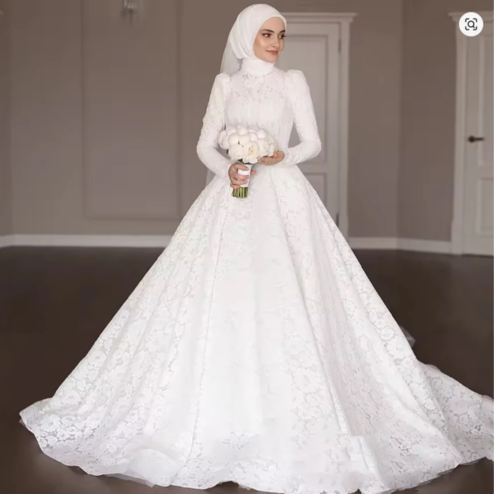 

Modest Muslim Wedding Dresses with Hijab for Bride High Neck Long Sleeve A-Line Sweep Train Lace Dress Bridal Gowns Customized