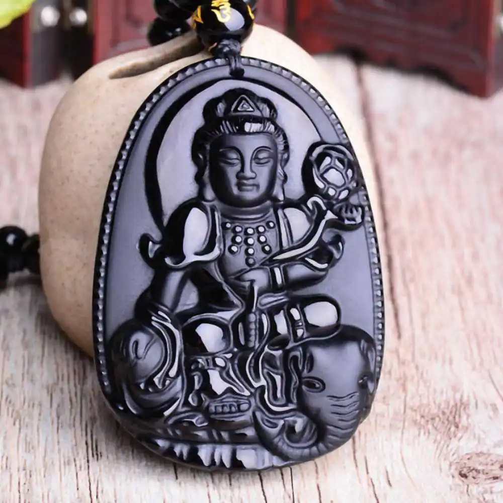 

Natural 100% Obsidian Carved Avalokitesvara Lucky Amulet Pendant Steel Choker Jewellery Gift Natural Cross Amulet Beads