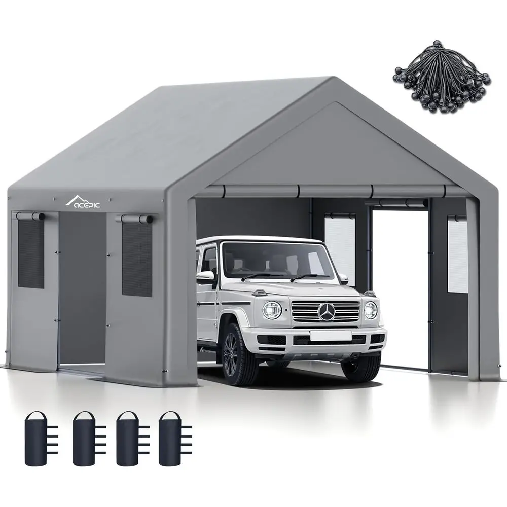 

13x20 Durable Carport with Roll-up Windows, Doors, and UV-Protected Waterproof Cover for Vehicles and Boats