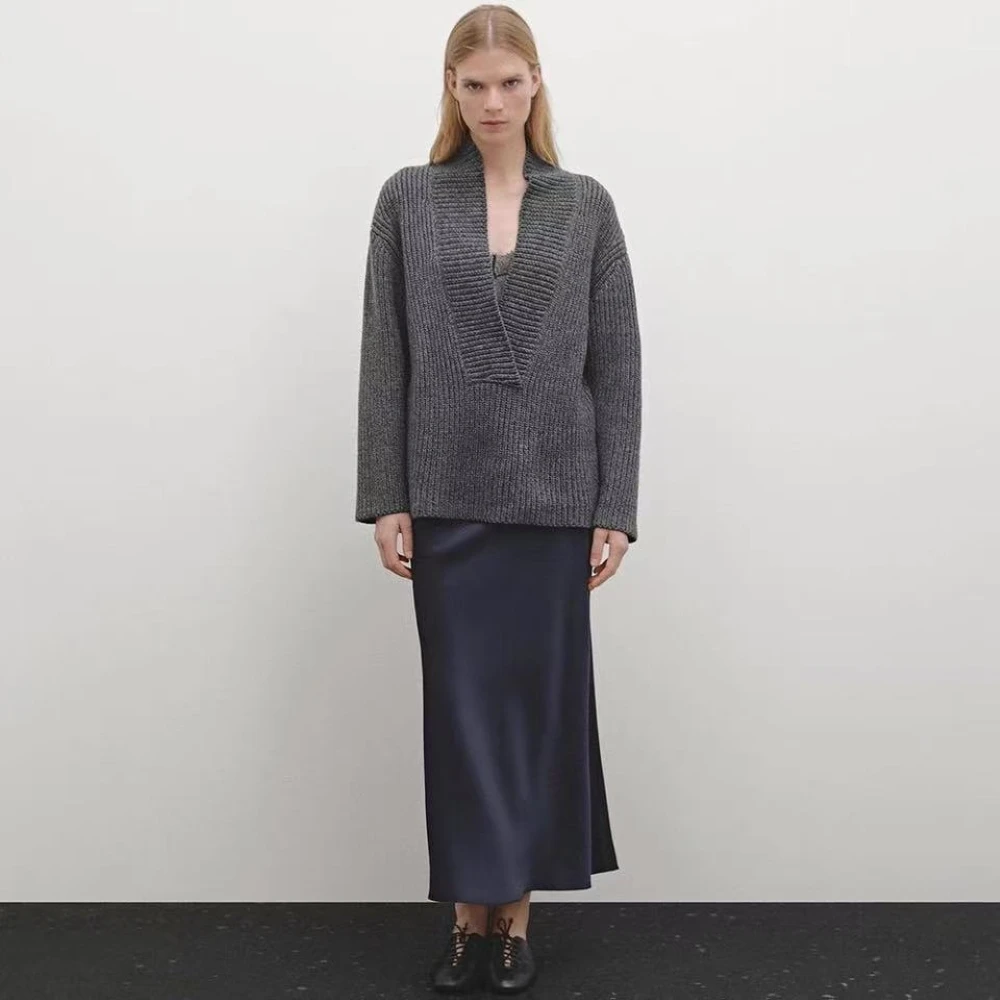 Ethereal Traf Md 2026 YAZHIMEI Autumn New Style of Women's Casual American style grey wide V-neck wool blend knitted sweater