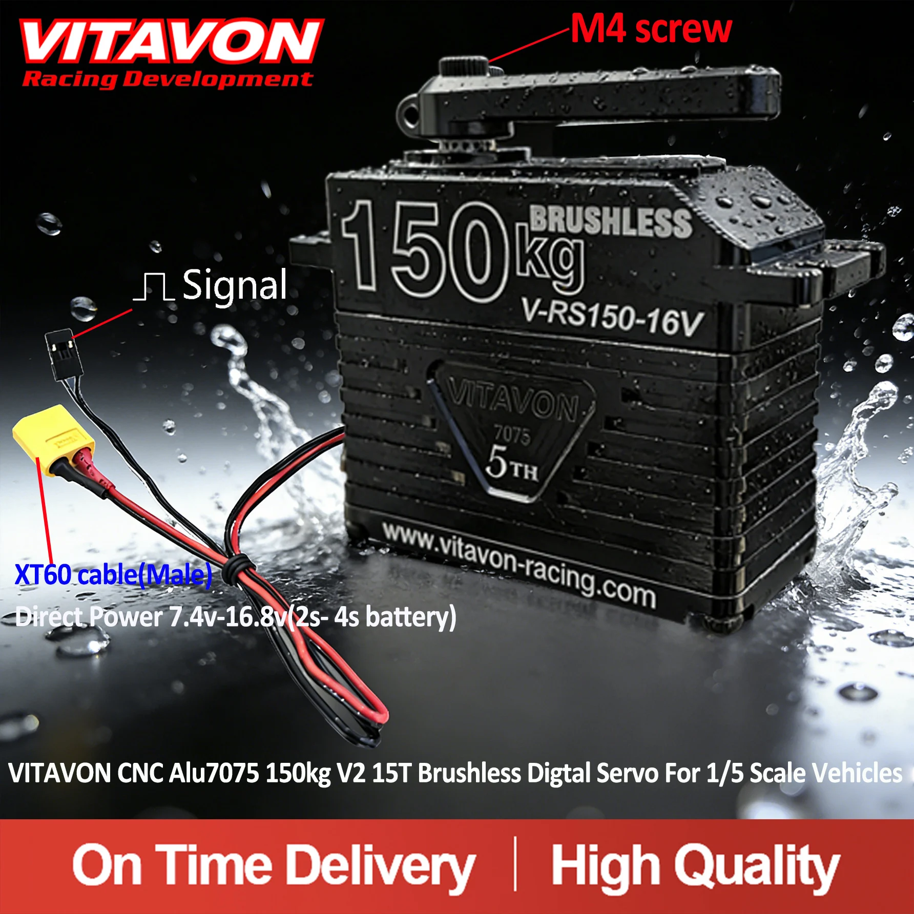 VITAVON CNC Alu7075 150 kg V2 15T bürstenloses digitales Servo für Fahrzeuge im Maßstab 1:5