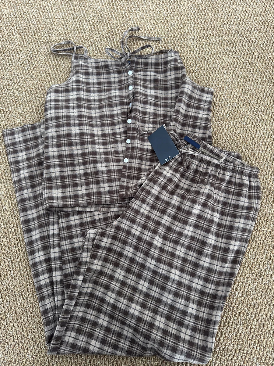 Chaleco Vintage a cuadros marrón para mujer, camisola de algodón con un solo pecho y cordón, pantalones informales sueltos de cintura alta, conjuntos de 2 piezas